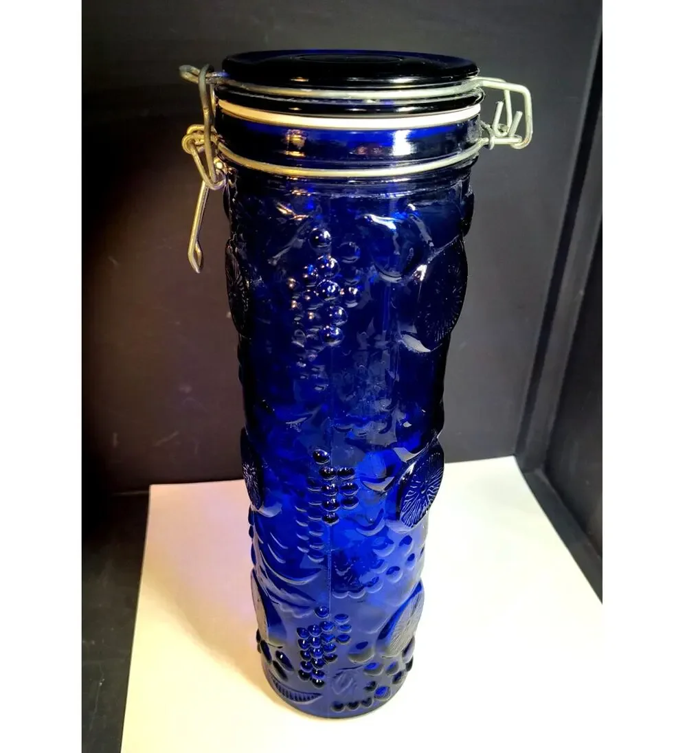 1055.  Tall Pasta Cobalt Blue Cannister Wire Bale Hinged Lid